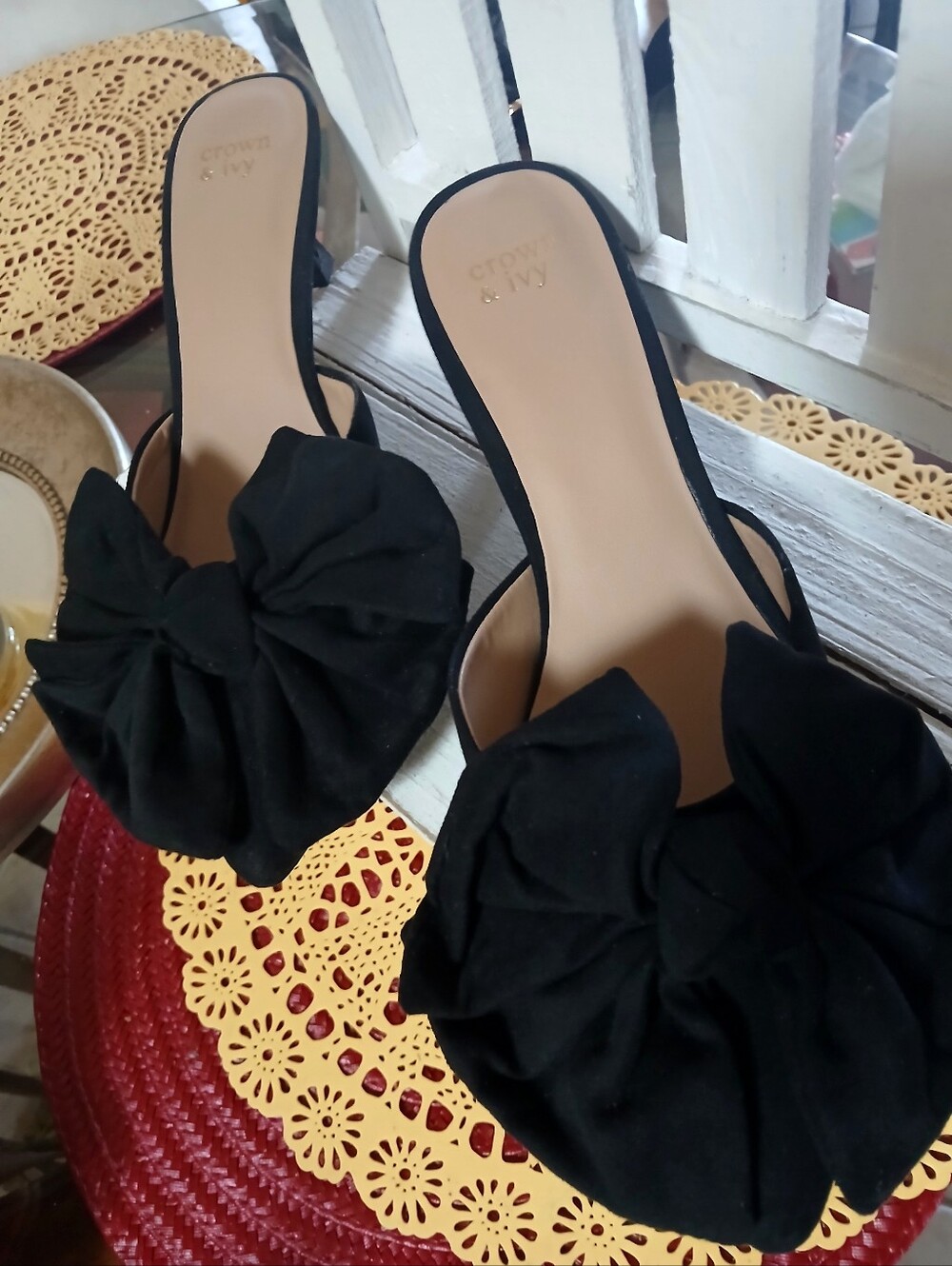 crown & ivy Black Bow Slide Mules